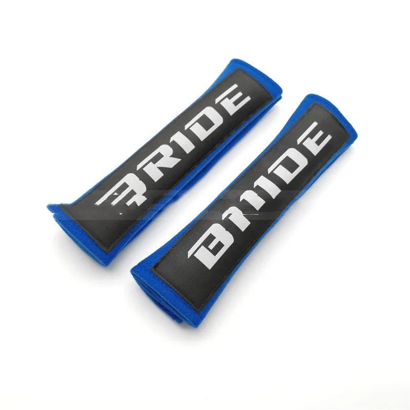 Pair of cotton car safety belt shoulder pads in black blue and red with embroidery