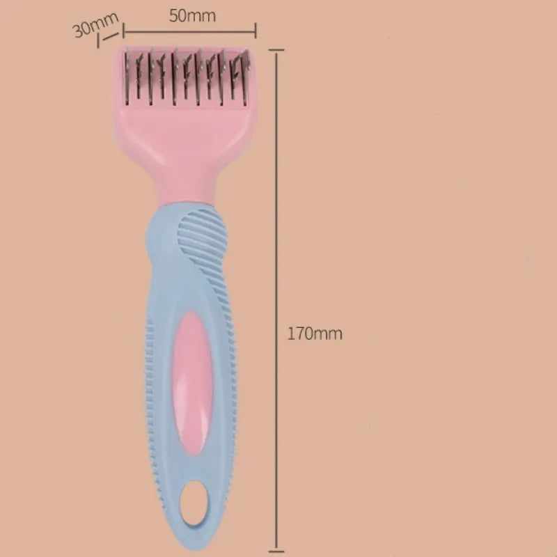 Pink and purple pet grooming comb with stainless steel knot knife and massage brush tips, shown with dimensions.