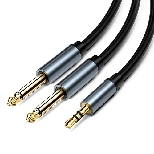 3.5mm stereo to two 6.5mm male audio cable with gold-plated connectors on a black background
