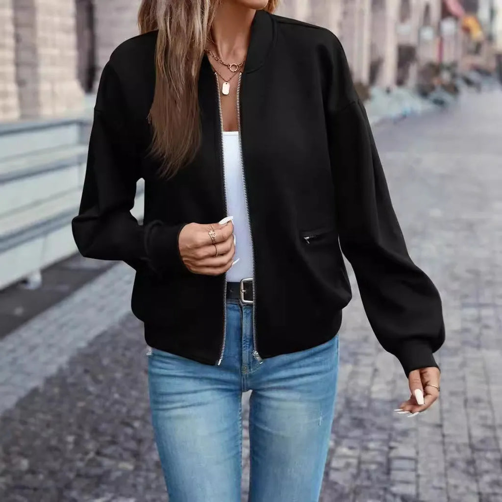 Black women's long sleeve zip-up casual jacket with faux pockets