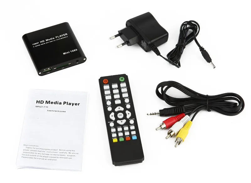 Compact black 1080p Full HD media player with HDMI, SD card, and USB ports on a white background.
