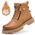 Men's brown leather high-top boots with side zipper and mid heel for height increase