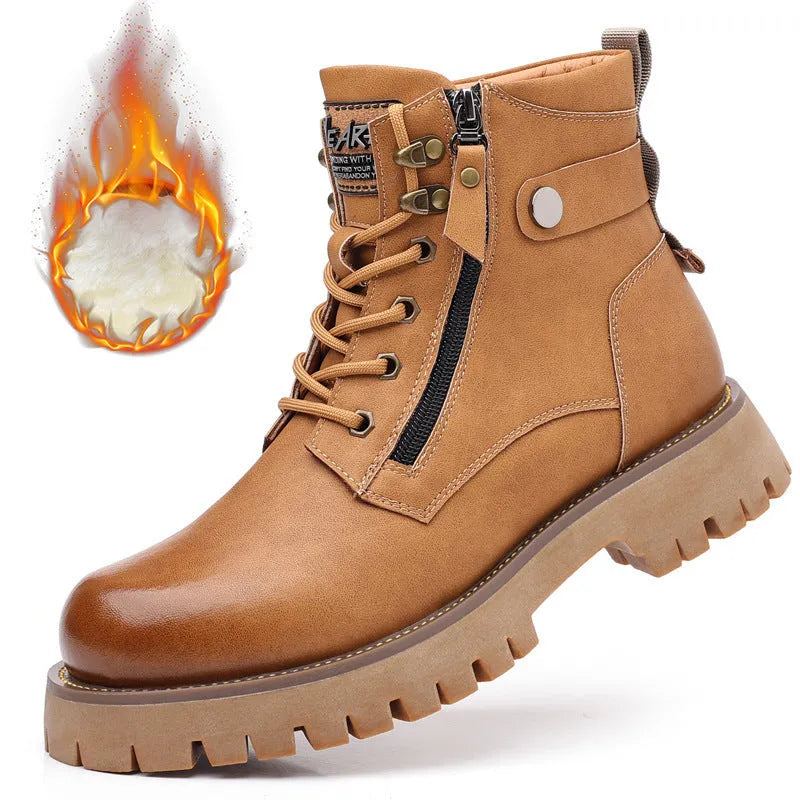 Men's brown leather high-top boots with side zipper and mid heel for height increase