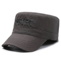 Men's adjustable cotton flat-top peaked cap in army green with printed English letters