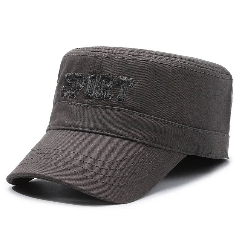 Men's adjustable cotton flat-top peaked cap in army green with printed English letters