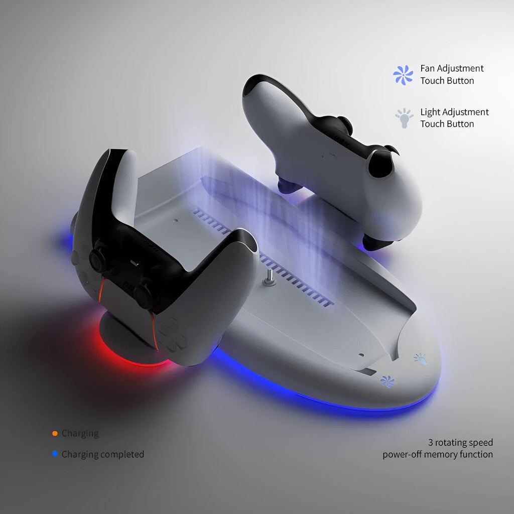 White PS5 Slim charging base with cooler pad, RGB lights, and USB charger