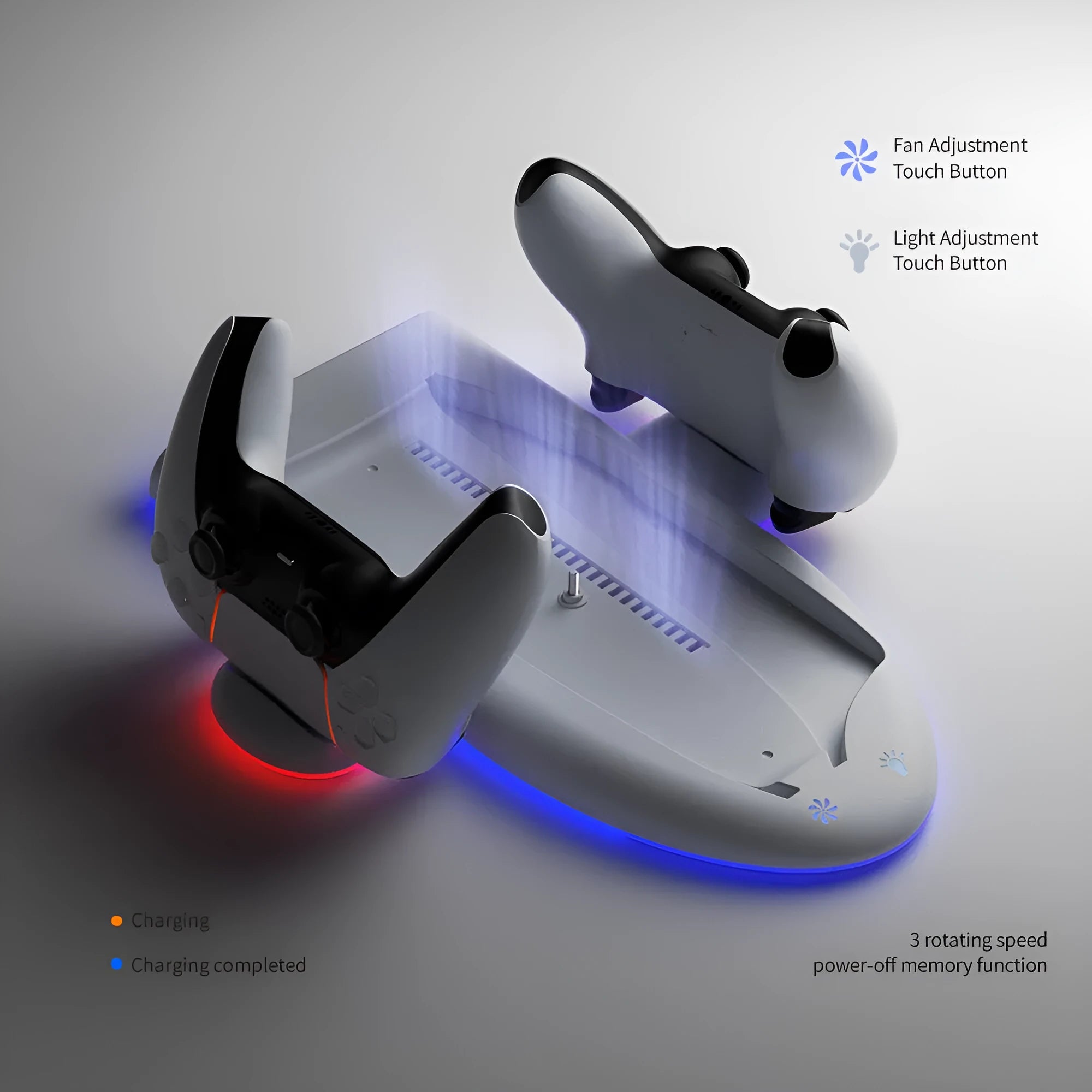 White PS5 Slim charging base with cooler pad, RGB lights, and USB charger