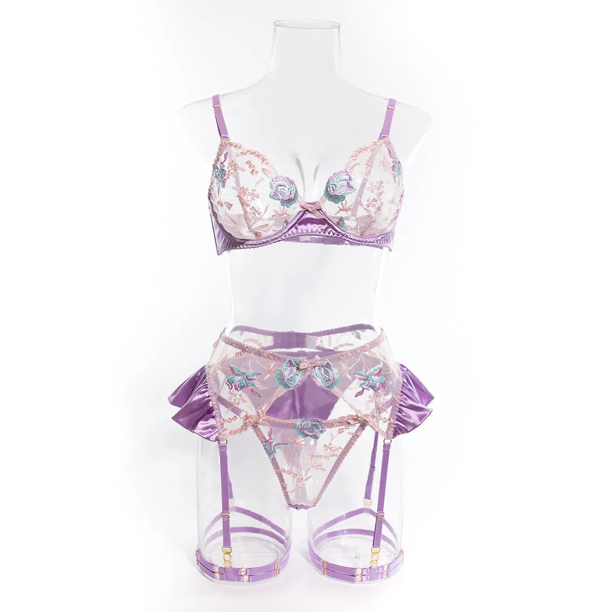 Light purple satin lingerie four-piece set with mercerized embroidery design