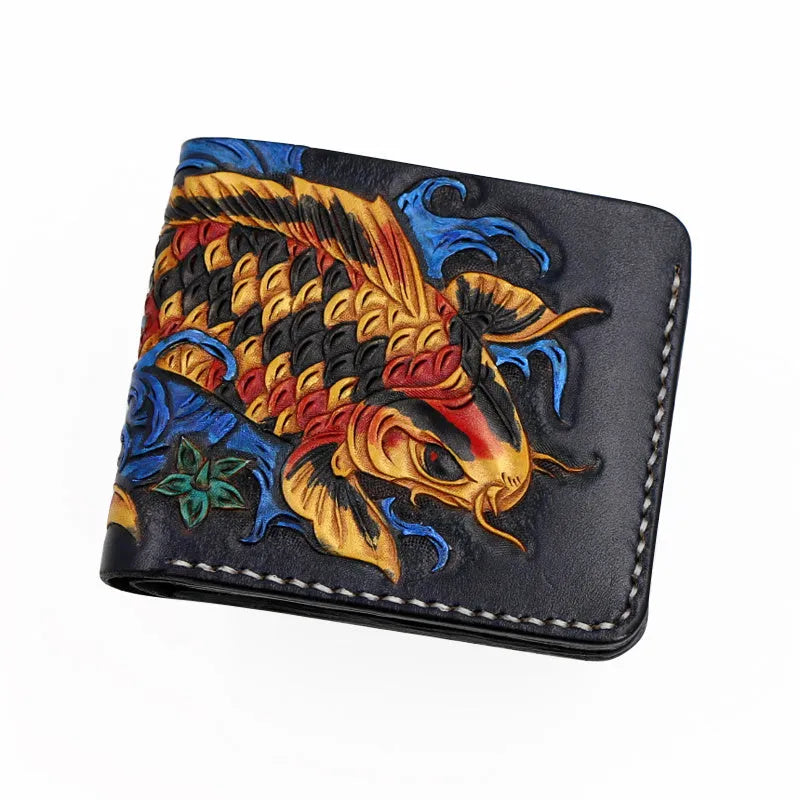 Men's carved cow leather short wallet in red, showing open closure and dimensions.