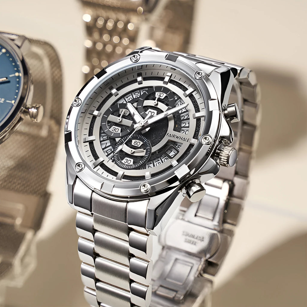 Men's waterproof luminous quartz watch with steel belt in three colour options