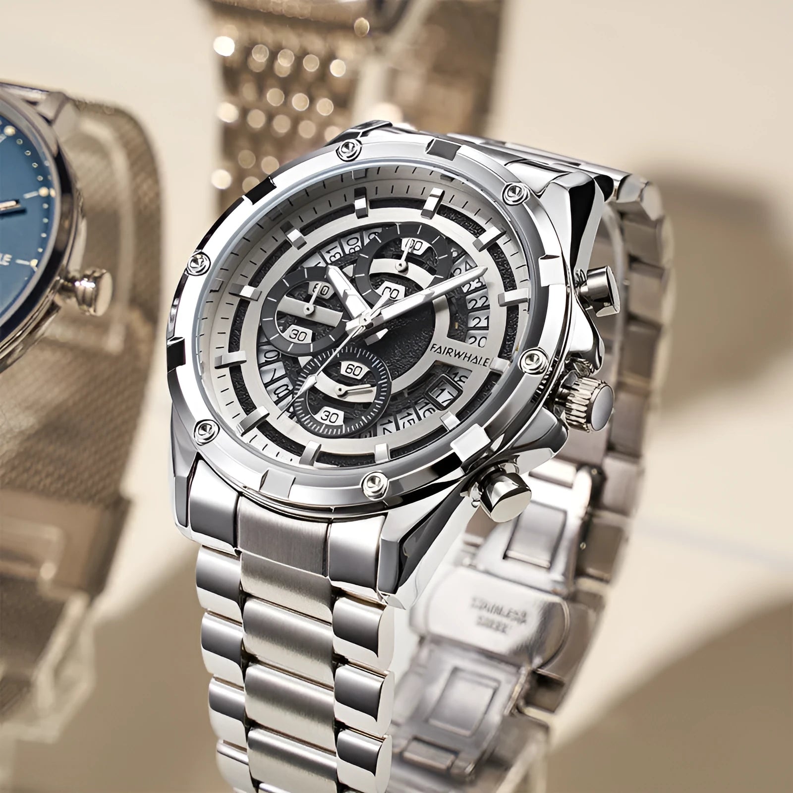 Men's waterproof luminous quartz watch with steel belt in three colour options