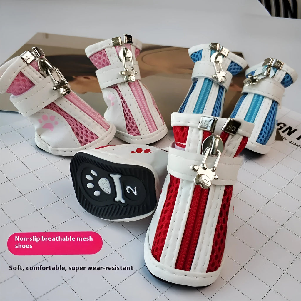 VIP Teddy Schnauzer blue zipper dog sneakers, set of four with non-slip soles.