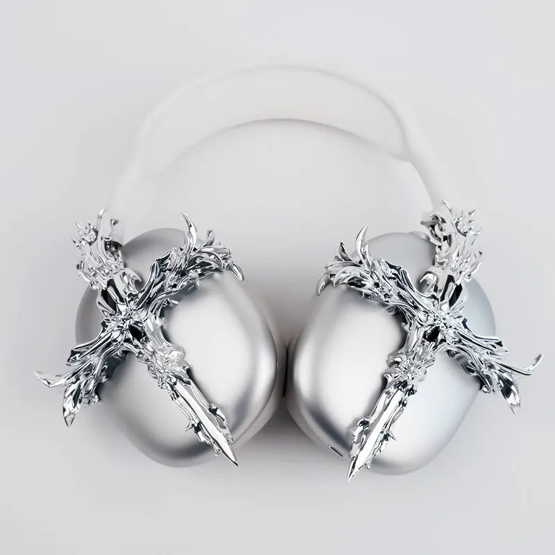 Gothic cross design resin hard case headphone cover for Apple AirPods Max in silver colour