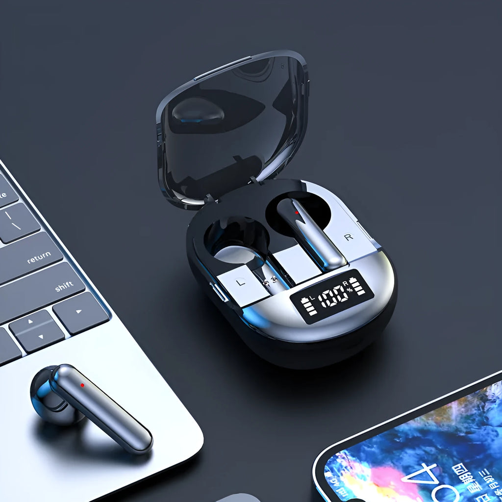 Black and white wireless Bluetooth in-ear headset with digital display and compact charging case