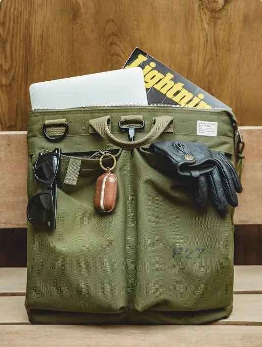 Medium retro canvas crossbody shoulder bag in military green with 15-inch laptop capacity