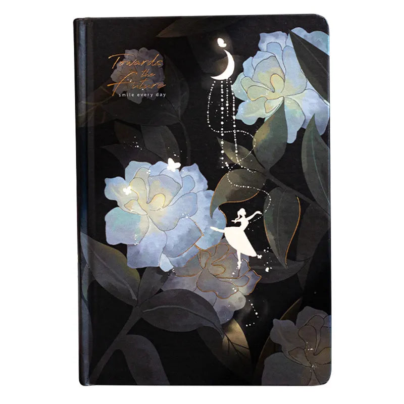 A5 notebook with luminous reflective cover shown in four colours: deep blue, gold, light blue, purple, open to reveal pages with colour illustrations.