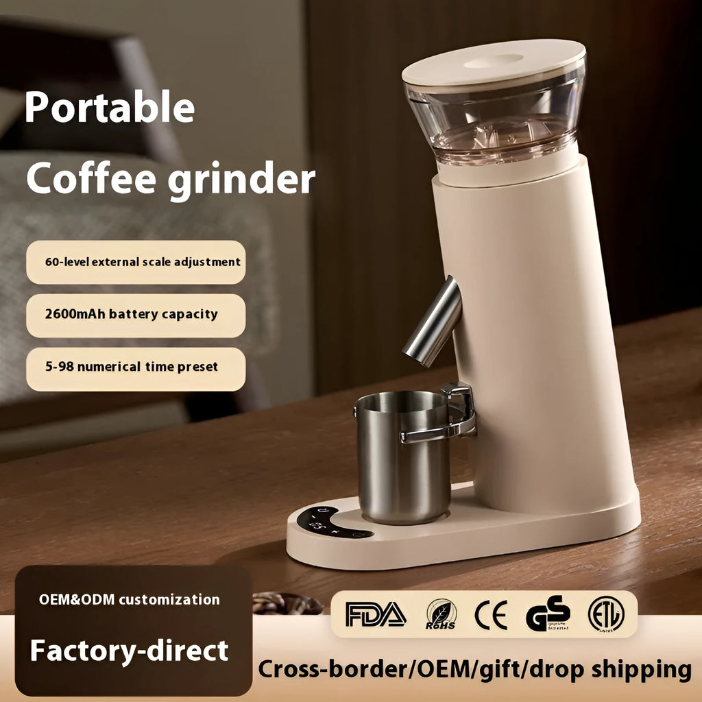 Portable electric coffee grinder with stainless steel body and temperature control display