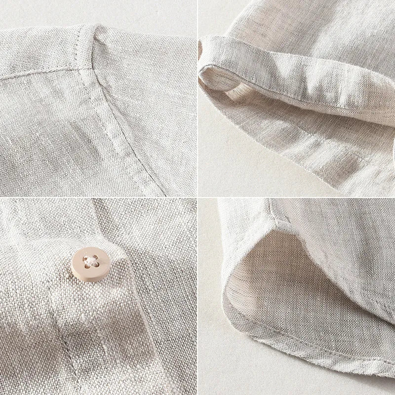 Men's square collar short sleeve linen shirt in cardigan style, shown in raw jute colour.