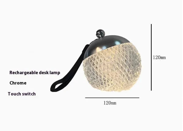 Portable dimmable touch LED night lamp in chrome finish with 12cm diameter