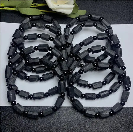 Black tourmaline rough stone bracelet with natural crystal beads on stretchy elastic cord
