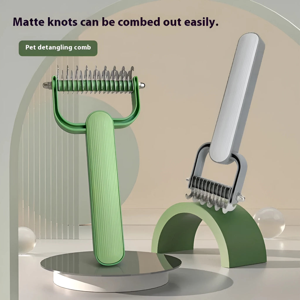 Green and grey dog detangling comb with stainless steel teeth on a PP plastic handle, shown in small and large sizes.