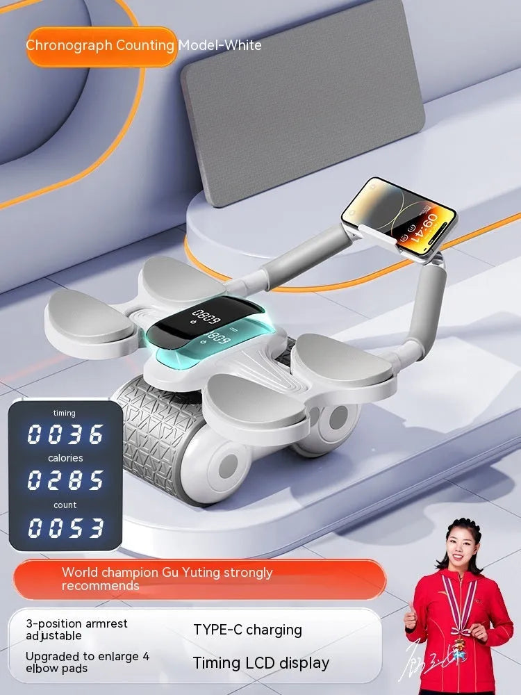 White fitness roller with LED timing screen for abdominal exercises