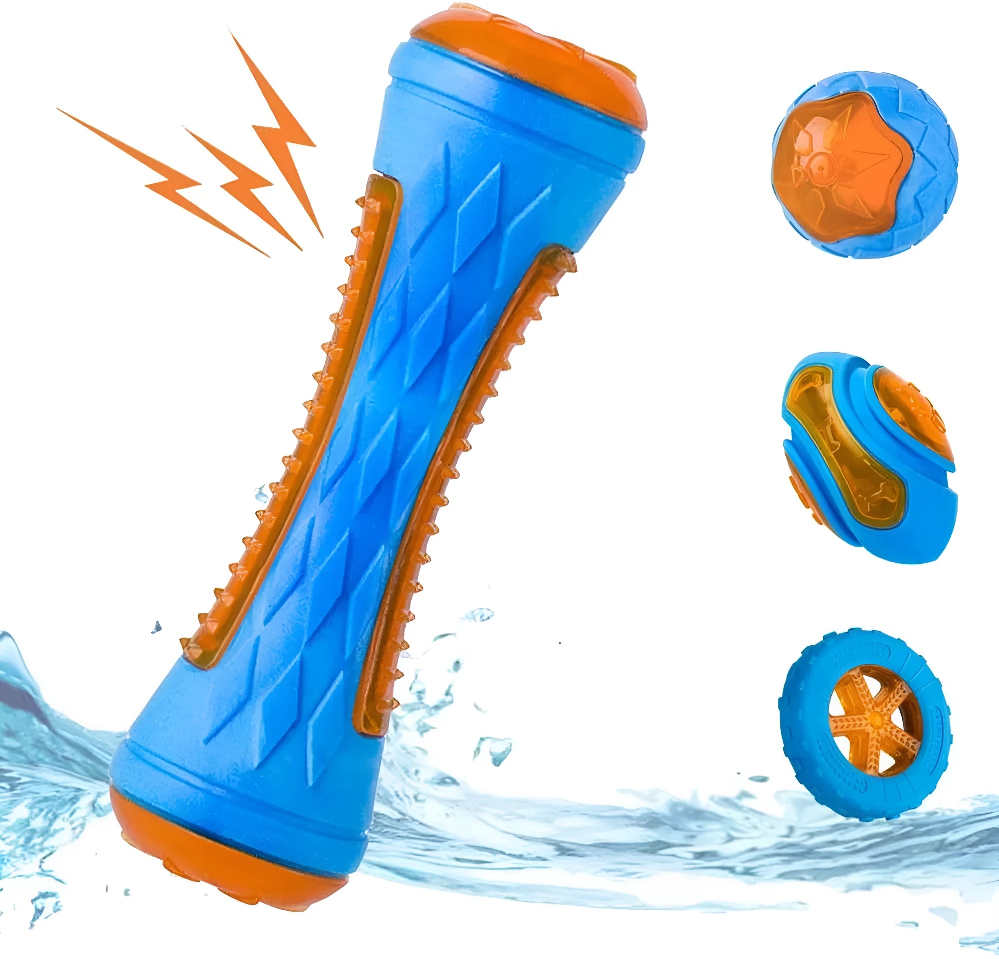 Three floating dog toys: a blue squeaky ball, a red barbell, and an orange tyre on a blue background.