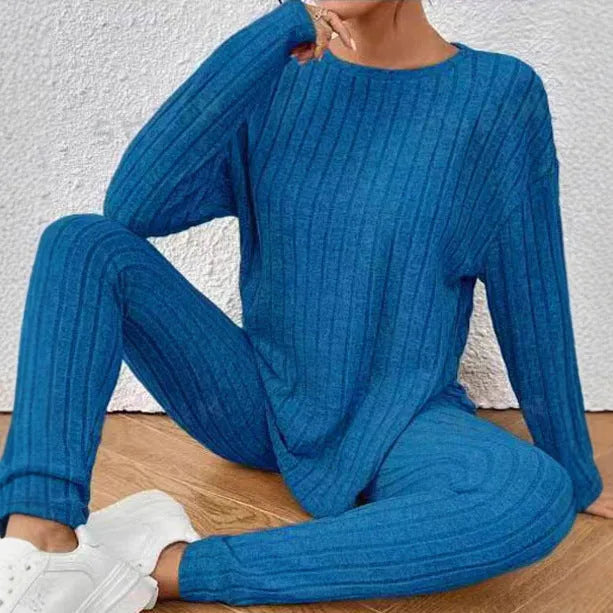 Sunken stripe two-piece homewear set in black or blue colour with trousers and regular sleeve top