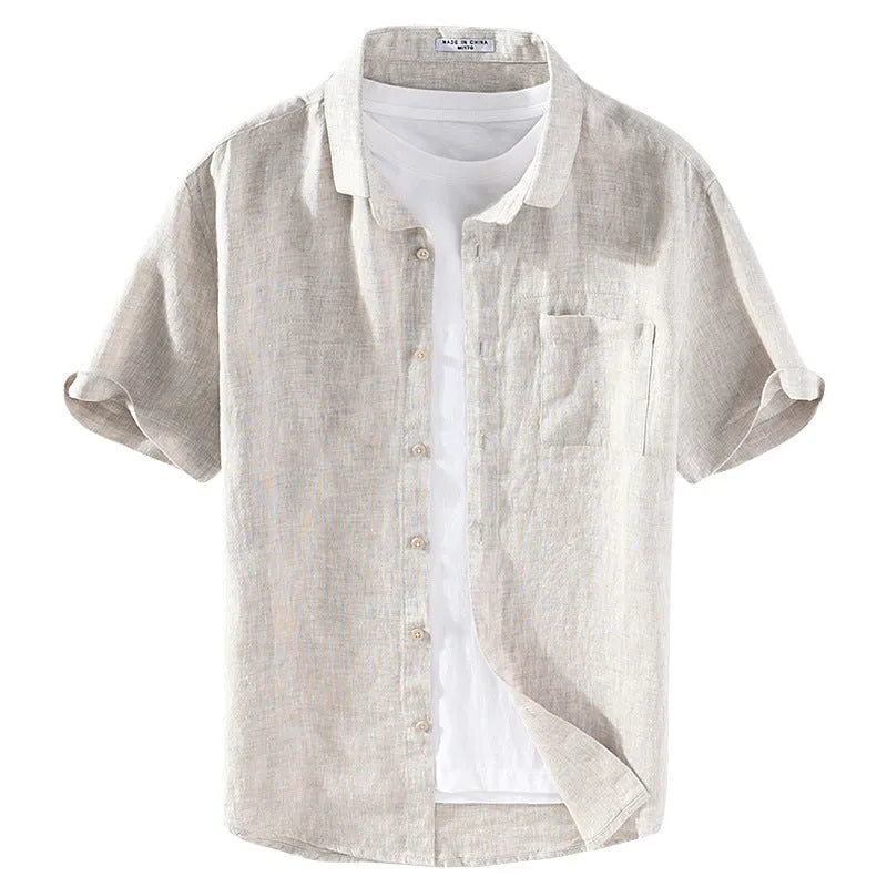 Men's square collar short sleeve linen shirt in cardigan style, shown in raw jute colour.