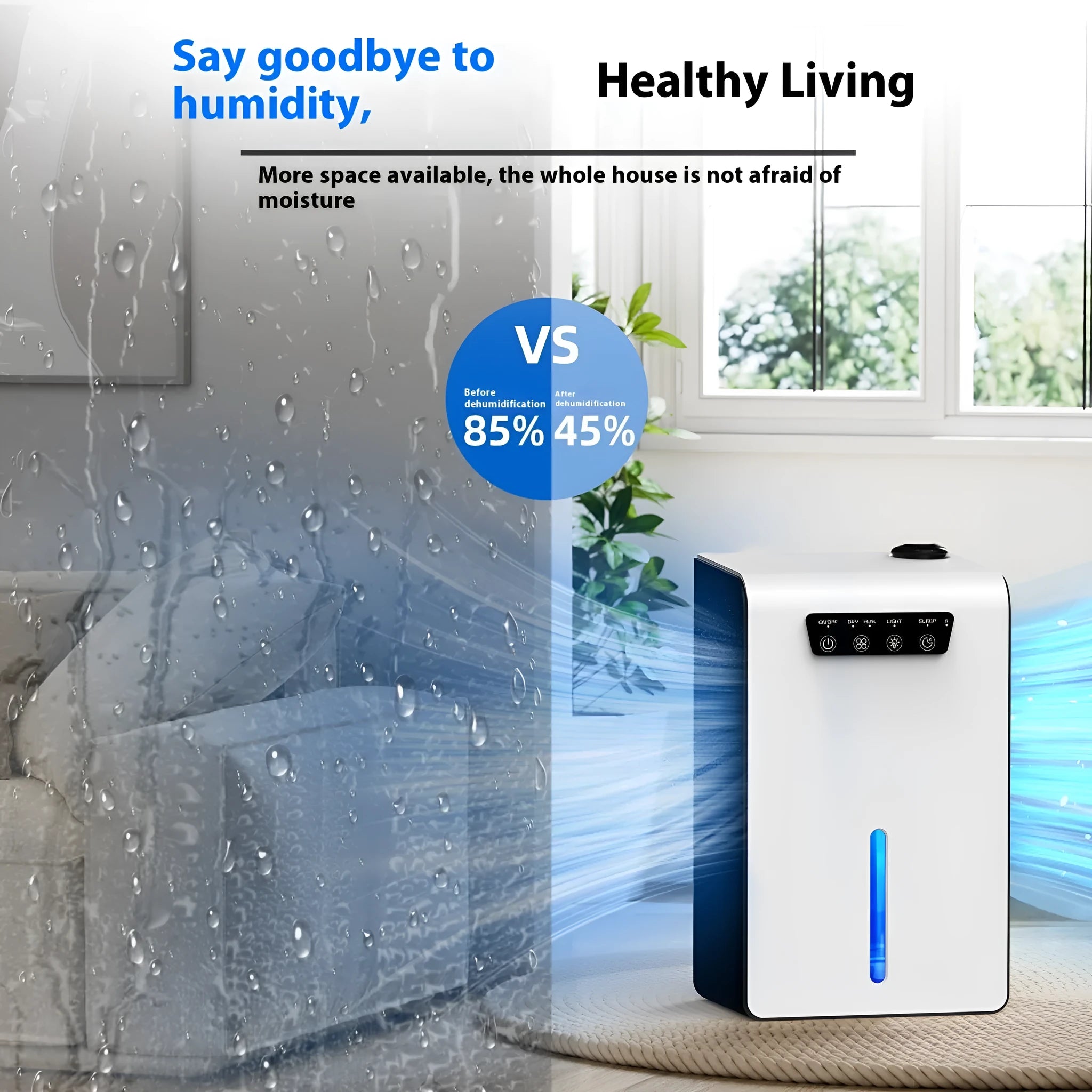 Milky white household dehumidifier with water reservoir for bedrooms up to 20 square metres.