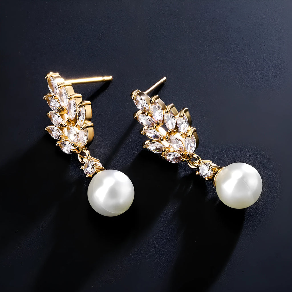 Micro inlaid zircon pearl earrings with geometric floral design in multiple plating colours