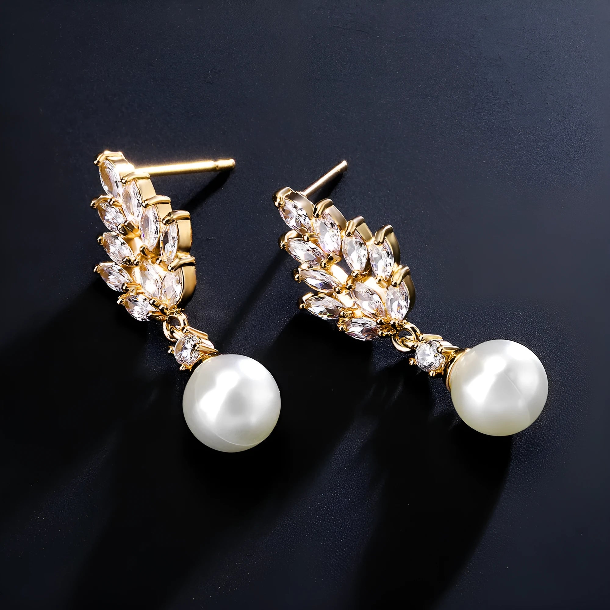 Micro inlaid zircon pearl earrings with geometric floral design in multiple plating colours