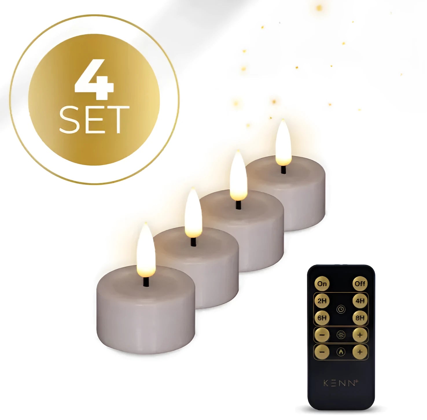 Four taupe-coloured LED tealight candles with glowing flame effect, shown from above.