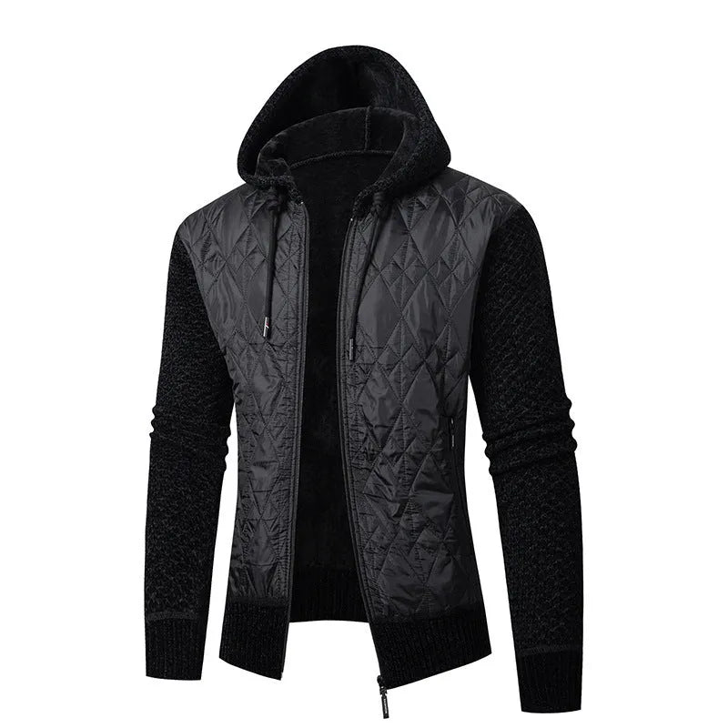 Men's grey hooded sweater coat in cinched corduroy style with wool composition