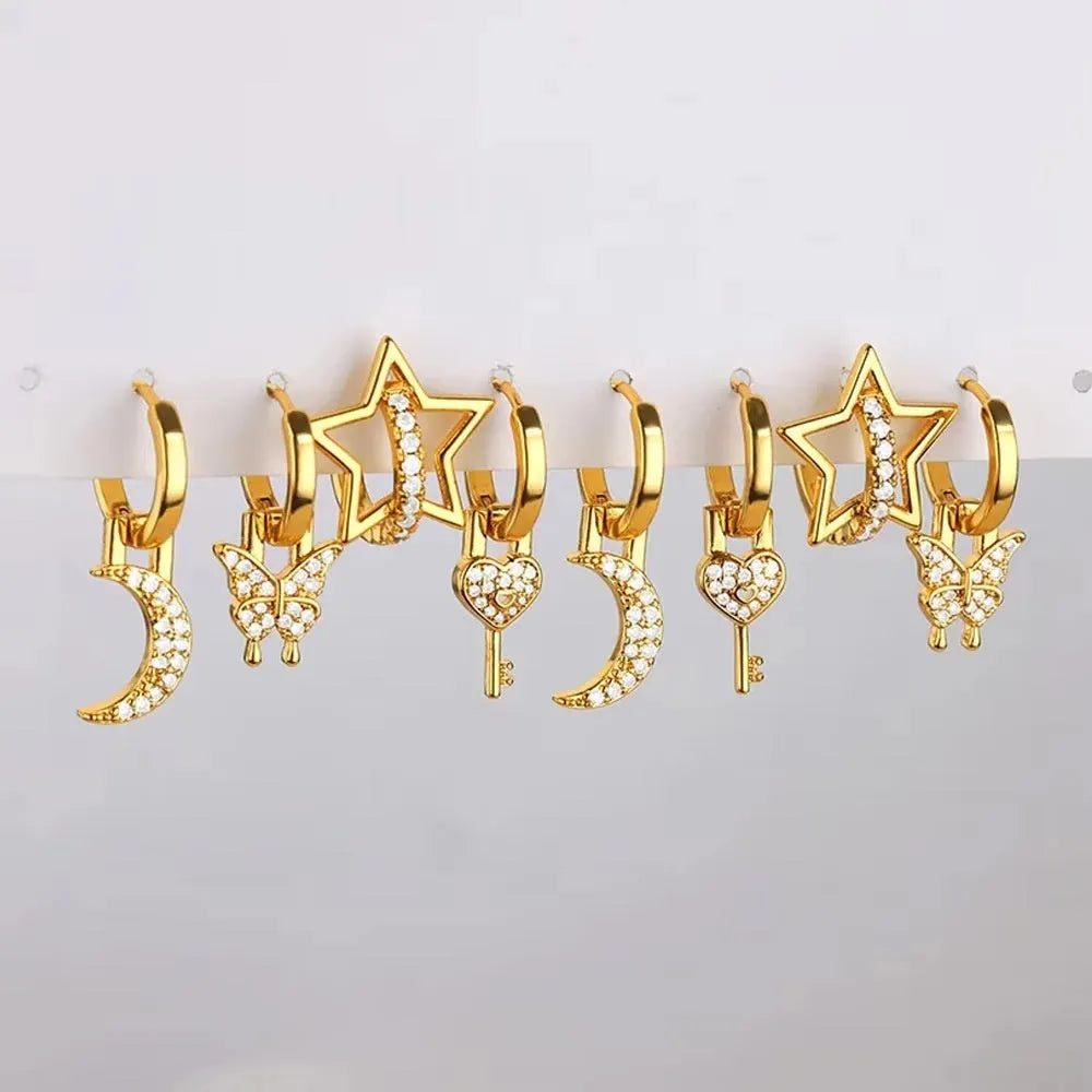 Women's geometric butterfly copper earrings with heart, bow, and star designs in multiple colour finishes