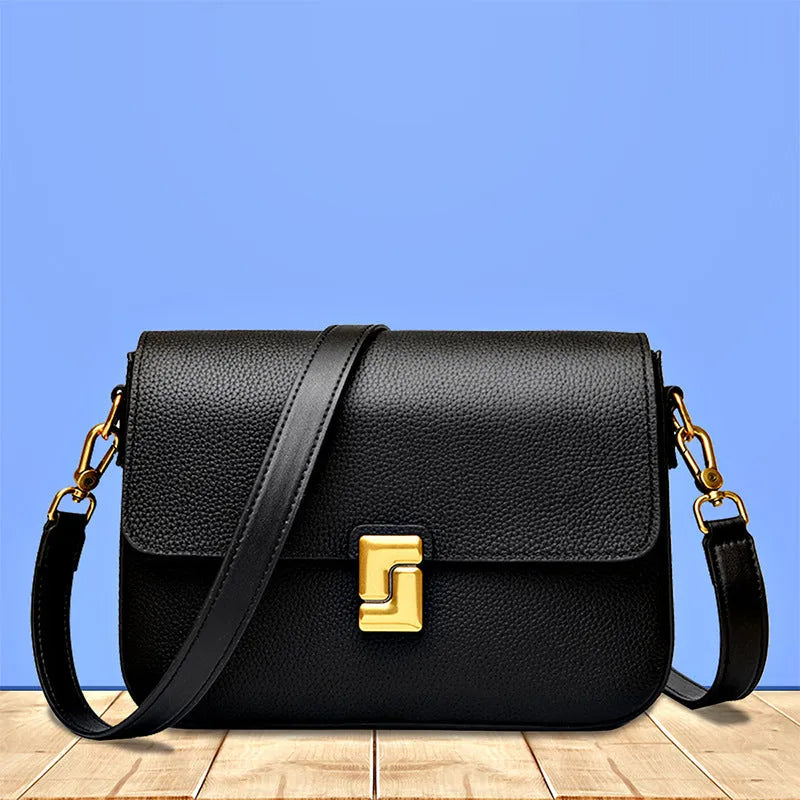 Women's genuine leather messenger retro shoulder bag in black, horizontal square, 24x7x19cm, first layer cowhide