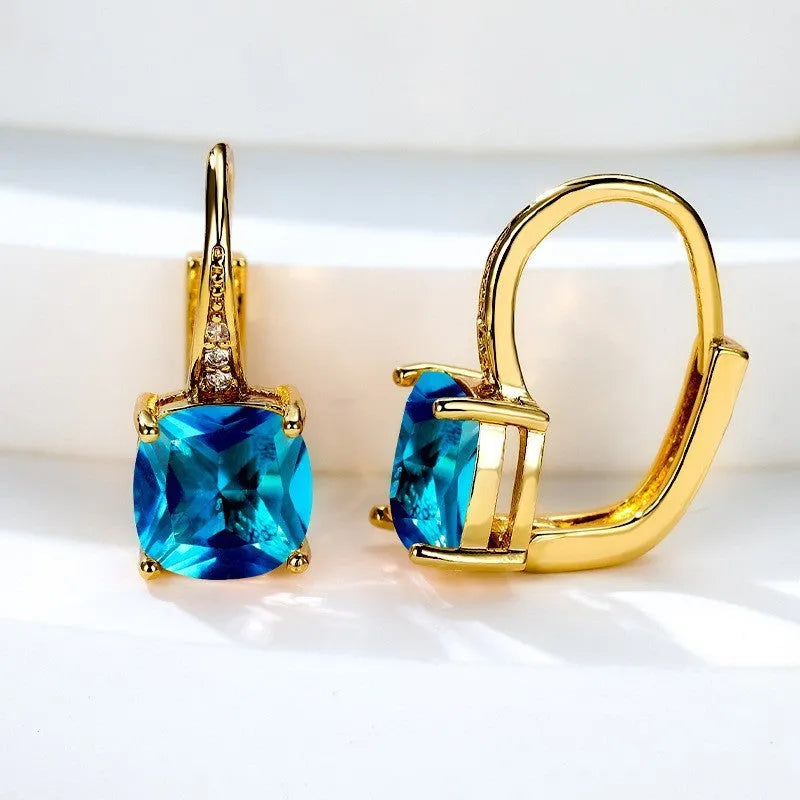 Square zircon inlaid geometric ear hook earrings in a golden white finish, showing Korean style design.