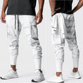 Men's camo woven fitness leggings in black camouflage, loose thin fabric for gym and running