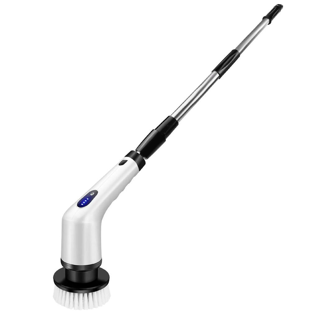 White handheld shower cleaning brush with multiple standard nozzle attachments and USB charging cable