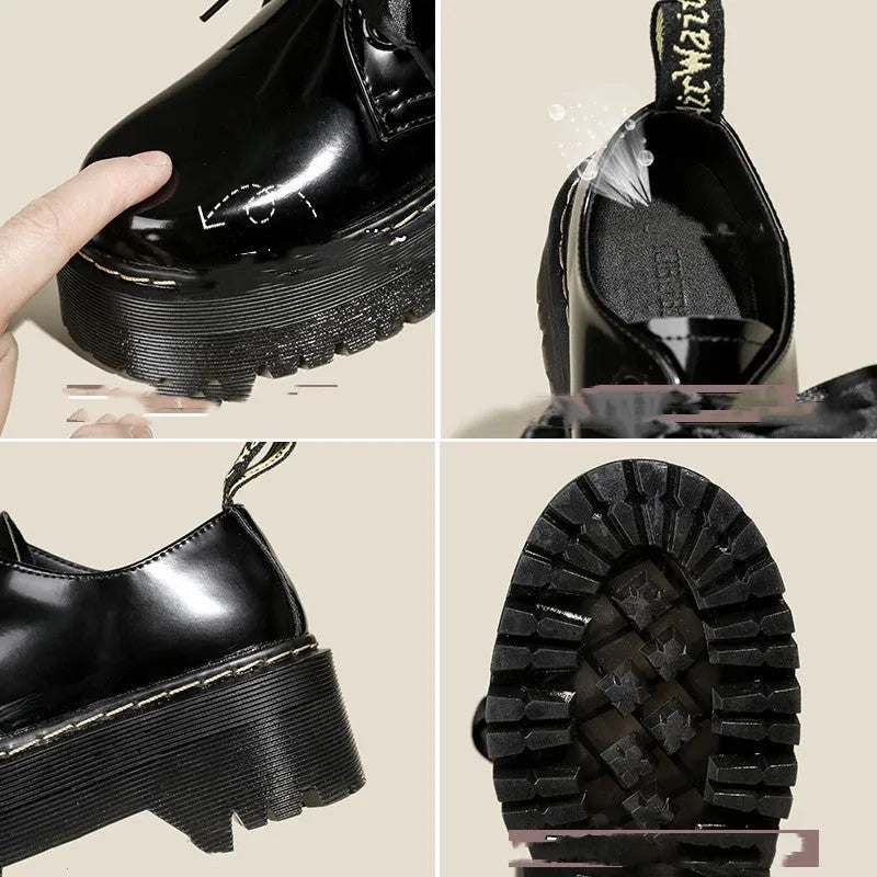 Women's thick-soled leather shoes in black with ribbon and cross strap details on superfine fibre upper