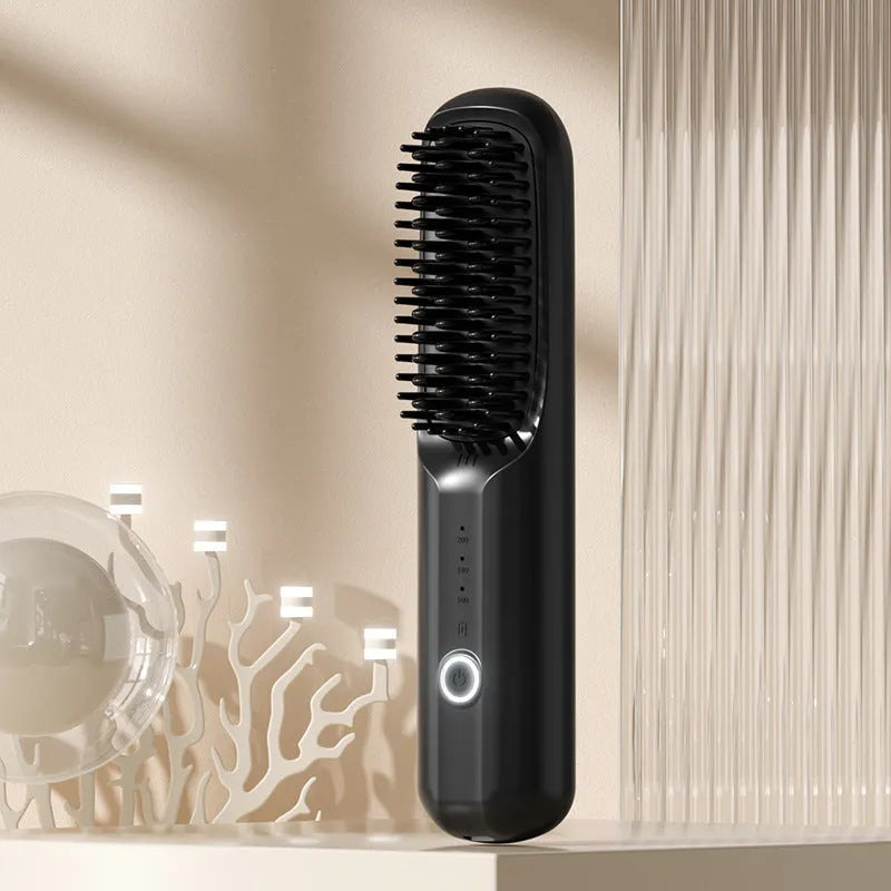 Wireless anion hair straightening comb in beige, black, pink or purple colours