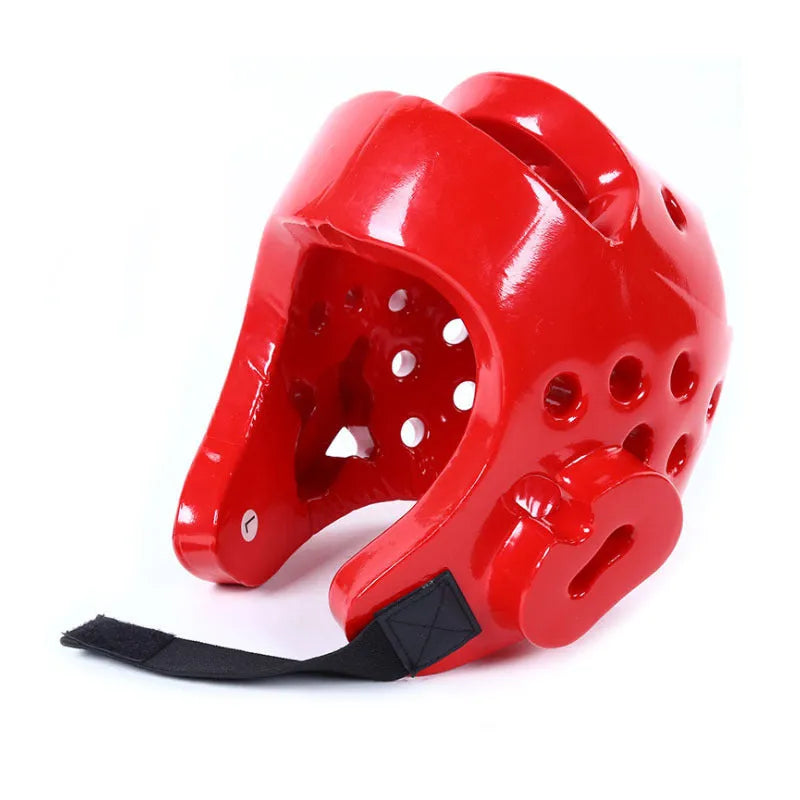 Complete martial arts protective gear set with red leg guards, helmet and boxing gloves