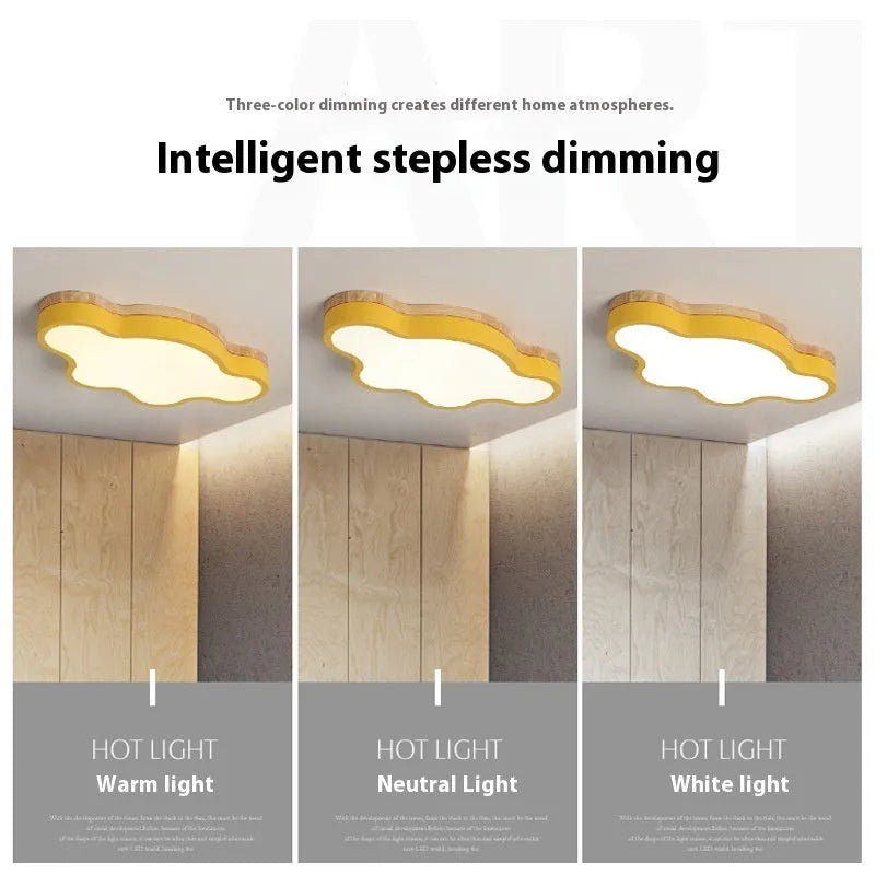 Cloud shaped wooden frame LED ceiling lamp showing four colour options and two size configurations