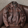 Men's loose fit lapel short leather jacket in retro Kaji style, side seam pockets