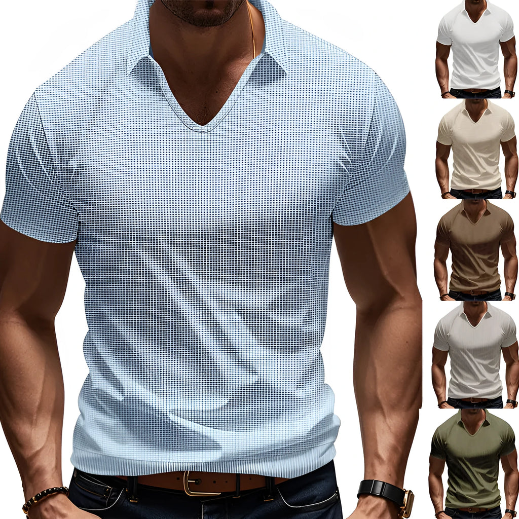 Men's light grey V-neck loose-fit short sleeve t-shirt on a hanger