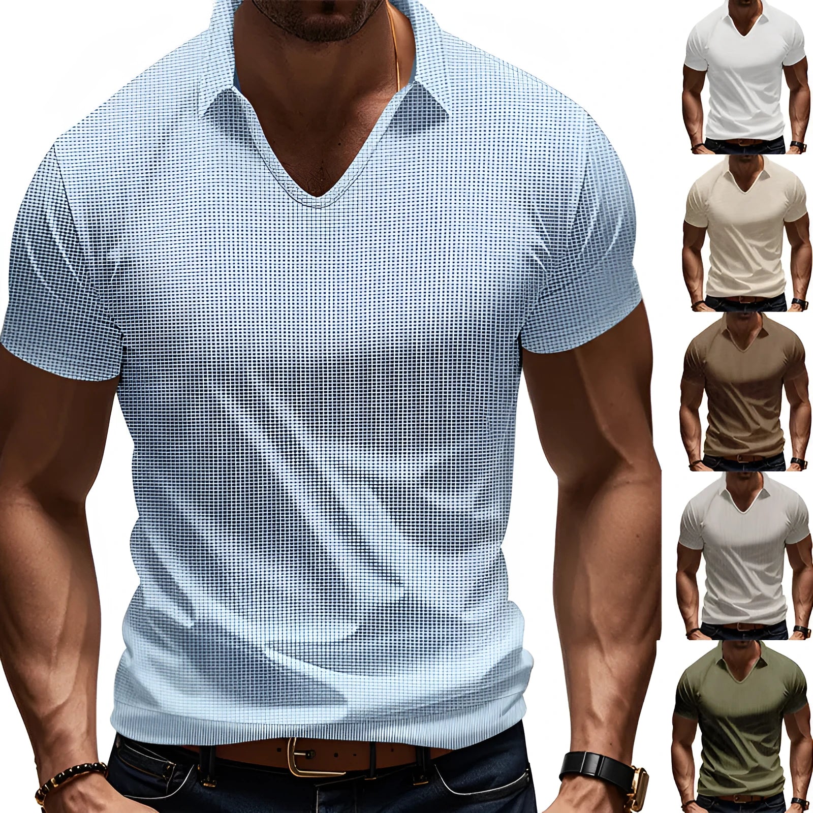 Men's light grey V-neck loose-fit short sleeve t-shirt on a hanger