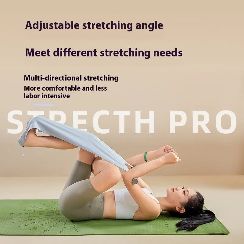 Grey and pink multi-function yoga stretching tool for shoulder, back, and hip flexibility exercises.