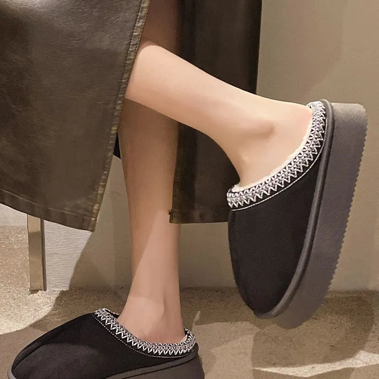 Women's suede cotton bag heel slippers in beige, warm indoor footwear for autumn winter with PVC sole