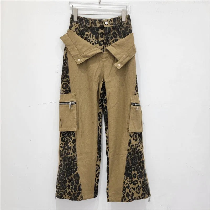 Retro high waist straight-leg jeans with leopard print tooling details on dark khaki denim