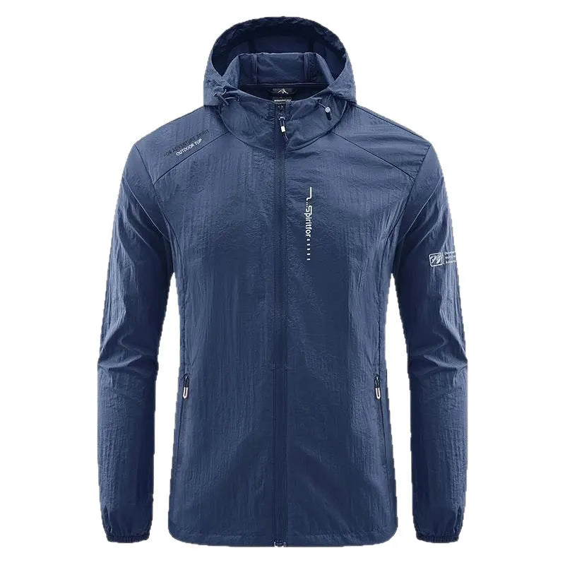 Man wearing a lightweight grey hooded nylon summer jacket for sun protection.